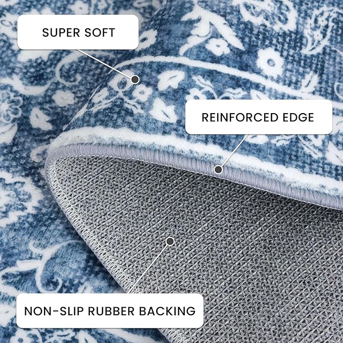 Blue and White Round Rug 3 Ft Rugs for Entryway Washable Circle Entrance Rug Non Slip Round Doormat Indoor Printed Faux Wool Round Front Door Mat Floor Carpet for Backdoor, Bedroom