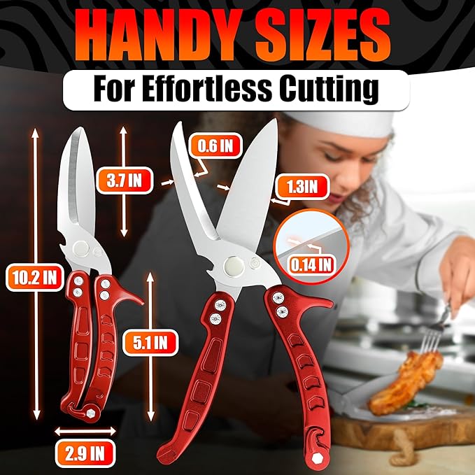 4-in-1 Kitchen Shears Heavy Duty – Sharp Fish, Seafood, Turkey & Chicken Scissors with Non-Slip Metal Handle & Micro-Serrated Blades for Meat – Spring-Loaded Bone Cutting Scissors with Safety Lock