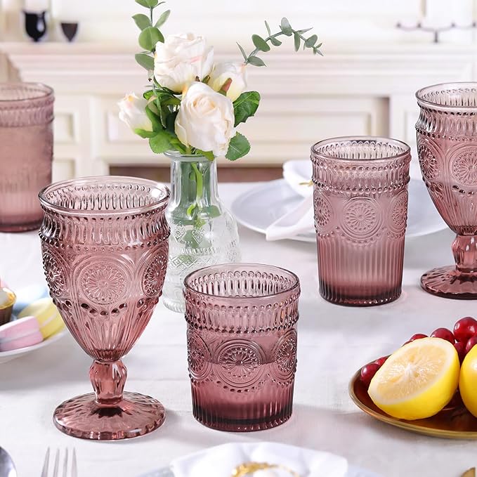 4Pcs Purple Wine Glasses, 12oz Glass Goblets, Vintage Drinking Glassware, Colored Glassware Set for Party, Home & Wedding