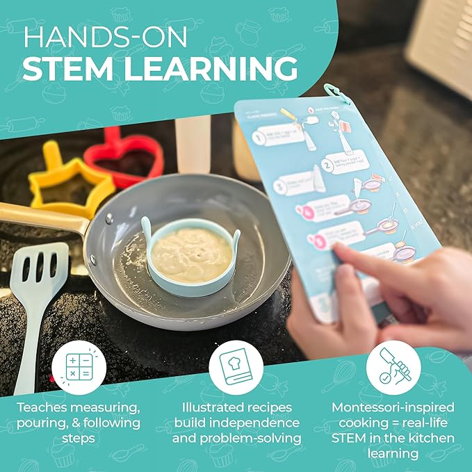 Tovla Jr. Kids Pancake Cooking Kit | Real Breakfast Set with Silicone Molds, Bottles, Spatula & Illustrated Recipes | Educational Gift for Ages 6–12, Perfect for Birthdays & Holidays
