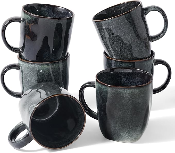 famiware Coffee Mugs Set of 6, Ocean Square 13oz Coffee Cup Set with Handle for Cocoa, Milk, Hot Chocolate, Tea, Water, Stoneware Cups for Kitchen, Microwave and Dishwasher Safe, Deep Forest