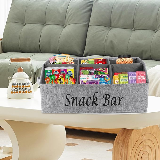 2 Pack Countertop Snack Organizer, Fabric Snack Box Basket with Handles, 6 Compartment Kitchen Cabinet Pantry Organizer and Storage - Grey