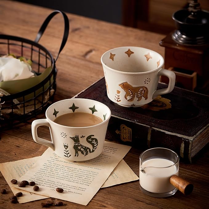 12oz Vintage Ceramic Coffee Mug Set of 4 - Handmade Stoneware Pottery Countryside Farmhouse Fall Autumn Tea Mugs with Big Handle for Latte,Cocoa,Dishwasher & Microwave Safe Cups (Animals)