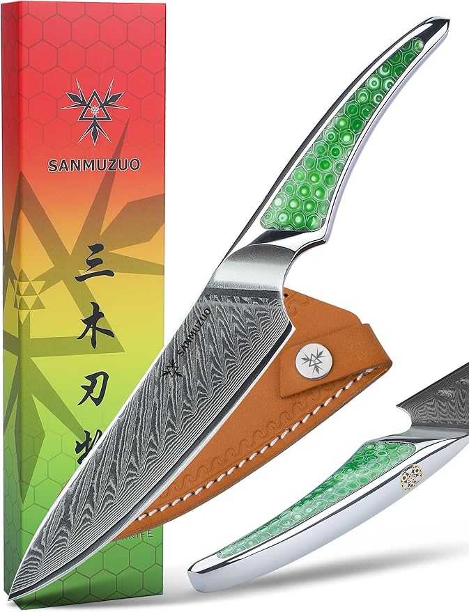 5 inch Utility Knife, Japanese VG-10 Damascus Steel Kitchen Knife, Ultra Sharp Fruit Knife with Full-tang Handle in Green Resin, LA-S9 Series