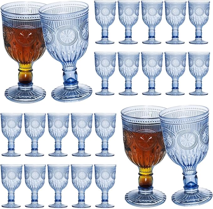 24 Pack Vintage Wine Glasses, Plastic Reusable 12 Ounce Colored Water Goblets, Unique Flower Embossed Pattern Unbreakable Stemmed Wine Glasses High Clear Wedding Party Bar Drinking Cups Blue