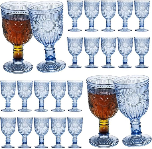 24 Pack Vintage Wine Glasses, Plastic Reusable 12 Ounce Colored Water Goblets, Unique Flower Embossed Pattern Unbreakable Stemmed Wine Glasses High Clear Wedding Party Bar Drinking Cups Blue