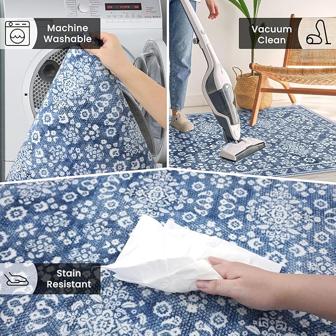 Vintage Washable 2x5 Rug Runner, Dusty Blue White Runners for hallways, Super Soft Kitchen Runner Rug Non Slip, Printed Faux Wool Floral Thin Carpet Runner for Entryway Laundry Room Bedroom