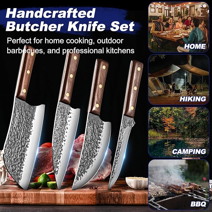 Butcher Knife Set,4 PCS Heavy Duty Hand Forged Serbian Chef Knife Meat Cleaver Boning Viking Knife Set-Full Tang High Carbon Steel for Home Cooking Outdoor BBQ Camping Gift Idea