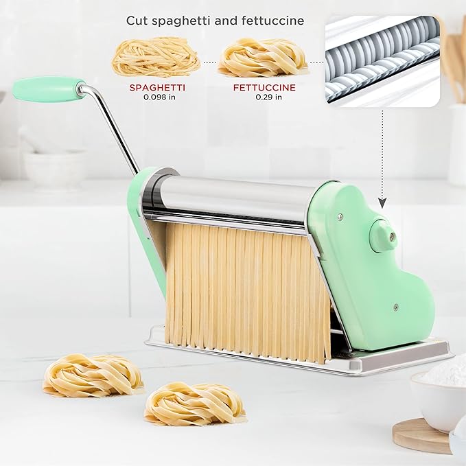 PASTALINDA Classic 260 Pasta Maker Machine, 26 cm Wide Rollers, 9 Thickness Positions, 2 Cutting Positions, Stainless Steel. Includes Reinforced Hand Crank And Two Clamps (Pastel Green)