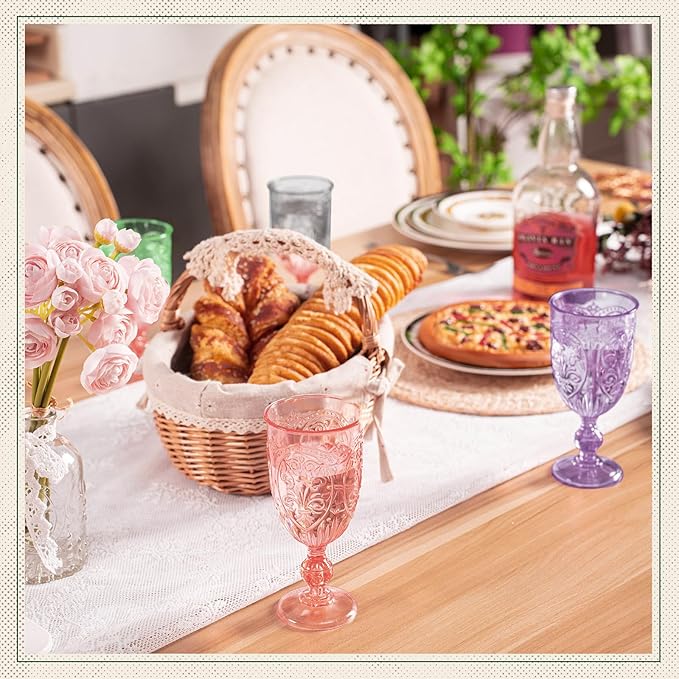 6 Pcs Plastic Goblets 7.5oz Vintage Goblet Plastic Wine Glasses Colored Retro Embossed Water Goblets for Wine Bar Juice Baby Shower Wedding Reception Grand Event Party (Multicolor)