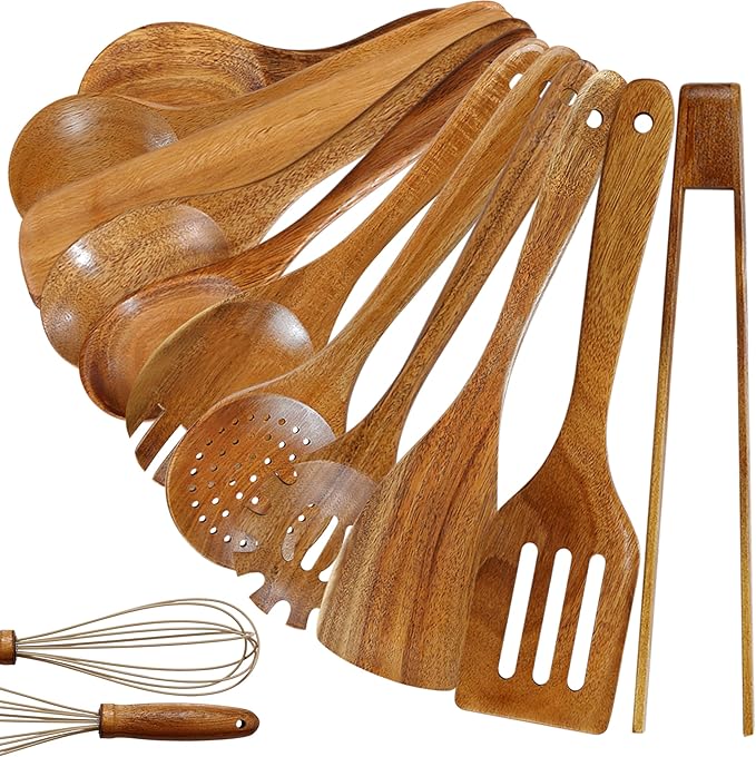 Unokit Wooden Utensil Set - 12 PCS Natural Teak Wood Kitchen Utensils Set with Wooden Spoons for Cooking and Spatula, Non-Scratch Nonstick Safe, Heat Resistant for All Cookware