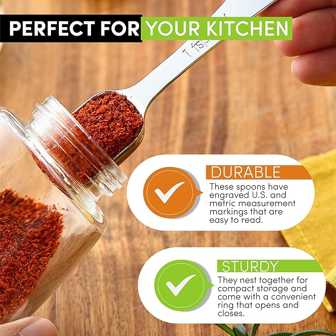 Spring Chef Stainless Steel Measuring Spoons Set of 8 with Leveler, Metal Teaspoon & Tablespoon Measuring Spoons for Dry & Liquid Ingredients, Fits in Spice Jars - Kitchen Gadgets For Baking & Cooking