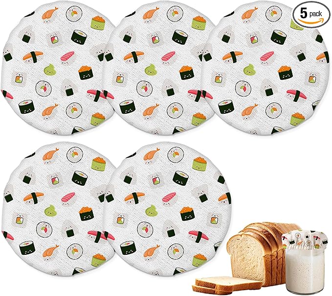 Sourdough Starter Jar Covers,5-Pack Reusable Japaness Sushi Cute Cloth Lids for 3-4 Inch Jars,Ideal for Kombucha Kefir or Cheese Fermentation