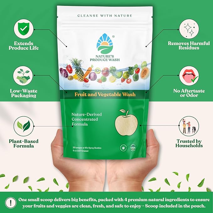 Natures Produce Wash, Fruit and Vegetable Wash, Removes Unwanted Residue, Extends Produce Life, Fruit Cleaner. 3 Months Supply or Makes 10+ Spray 16 oz Bottles