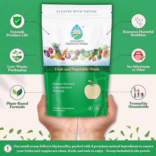 Natures Produce Wash, Fruit and Vegetable Wash, Removes Unwanted Residue, Extends Produce Life, Fruit Cleaner. 3 Months Supply or Makes 10+ Spray 16 oz Bottles