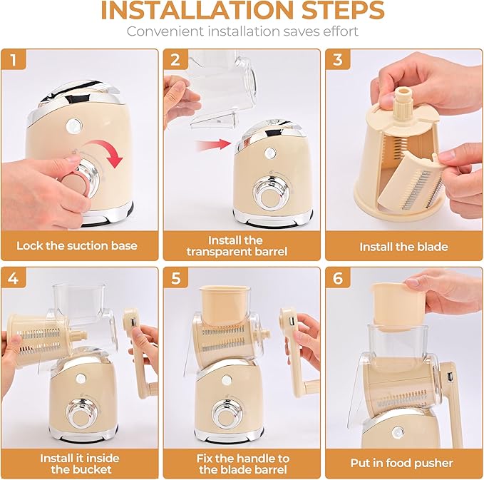 SUSTEAS Rotary Cheese Grater with Handle, Vegetable Slicer, 6 Interchangeable Blades, Reinforced Suction, Easy to Clean, Kitchen Shredder for Crushed Ice, Fruits, Nuts with Blade Storage Case, Beige