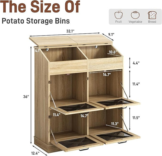 Large Wood Veggie Bin for Potato,Bread,Onion With 6 Large Storage Space. Root Vegetable Storage Box For Kitchen, Farmhouse Wood Potato Box With 4 Mesh Doors,32 * 12.4 * 36 INCH(OAK)