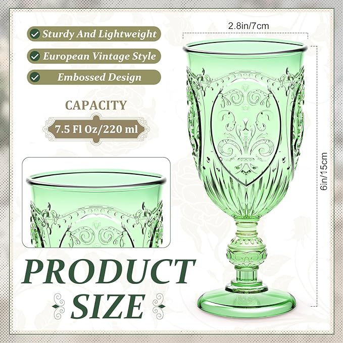 48 Pcs Plastic Goblets 7.5oz Vintage Goblet Plastic Wine Glasses Colored Retro Embossed Water Goblets for Wine Bar Juice Baby Shower Wedding Reception Grand Event Party (Light Green)