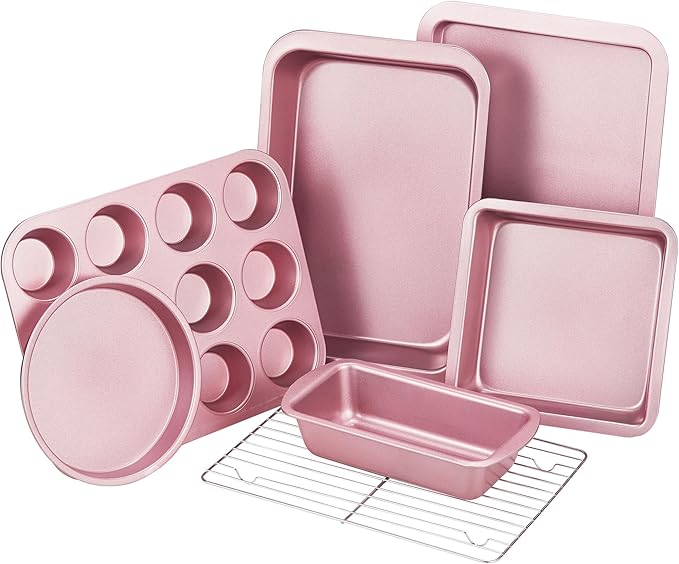 KITESSENSU Baking Pans Sets, Nonstick Bakeware Sets 7-Piece with Round/Square Cake Pan, Loaf Pan, Muffin Pan, Cookie Sheet, Roast Pan, Cooling Rack, Carbon Steel Bake Set Pink