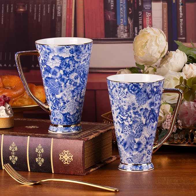 KAMMAK Ceramic Coffee Mugs 20 oz Tall Porcelain Coffee Cups Set of 2 Large Tea Mugs with Handle Vintage Tea Cups Cappuccino Mug for Latte, Espresso, Americano, breakfast cereal, Hot Cocoa, Drinks