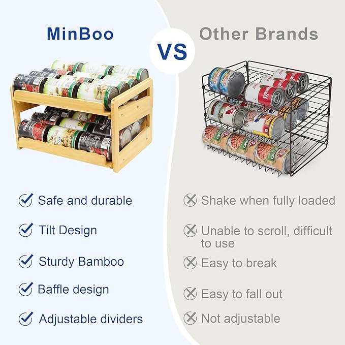 MinBoo Adjustable Can Organizer Rack, Two Tier Bamboo Stackable FIFO Cans Dispenser, Modern Style, Countertop, Assembly Required, Anti Shedding