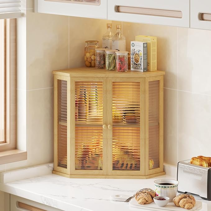Corner bread box Bread Box for Kitchen Countertop - Corner Bread Storage Box 16.5" H, Premium Pine Wood with Glass Door, Perfect for Homemade Bread, Baguettes & Pastries (Natural)