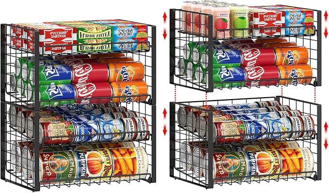 2-Pack Stackable Can Organizer for Pantry, Adjustable Can Holder Rack for Canned Food Soda Drink Goods Storage up to 36 Cans Storage, 2 Tier, Black
