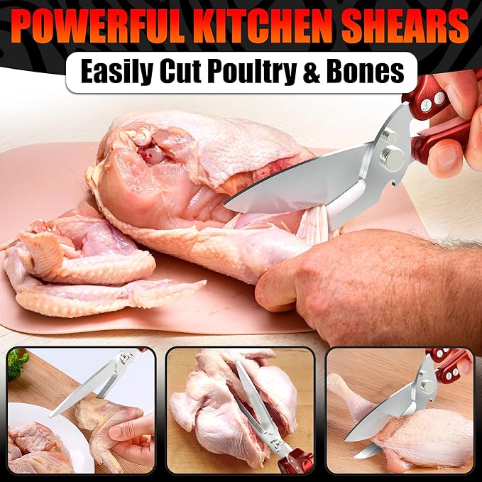 4-in-1 Kitchen Shears Heavy Duty – Sharp Fish, Seafood, Turkey & Chicken Scissors with Non-Slip Metal Handle & Micro-Serrated Blades for Meat – Spring-Loaded Bone Cutting Scissors with Safety Lock