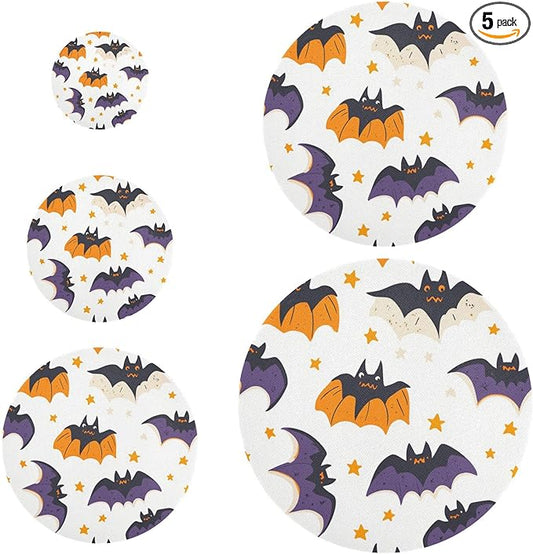 5 Pcs Bowl Covers Reusable in 5 Size Elastic Food Cover Cloth Lids Fresh Keeping Dish Cookware Bakeware Fabric Covers Lids for Food Leftovers Fruits Storage White Halloween Bats and Stars