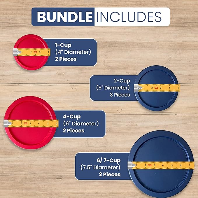 Replacement Lids for Pyrex Glass Food Storage Containers Round (2) 7202-PC 1 Cup (3) 7200-PC 2 Cup (2) 7201-PC 4 Cup (2) 7402-PC 6/7 Cup Red Blue