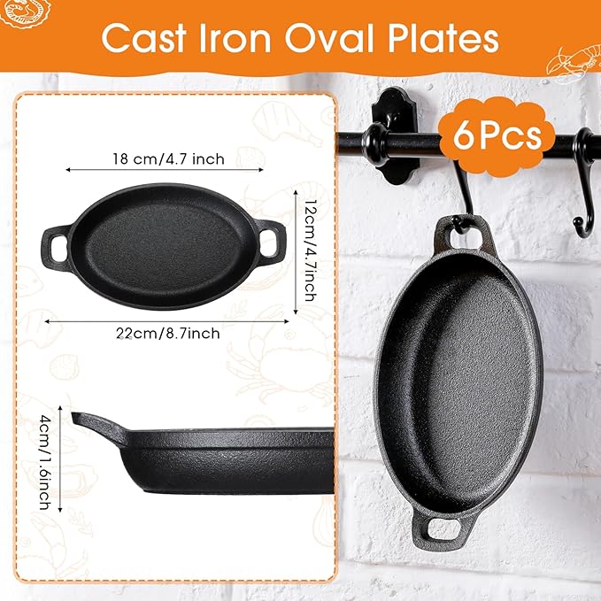 Mifoci 6 Pcs Oval Serving Dish Mini Cast Iron Skillet Cast Iron Baking Pan Sizzling Plate Matte Black Gratin Cookware for Home Restaurant Kitchen Food Service Barbecue (7.1" X 4.7")