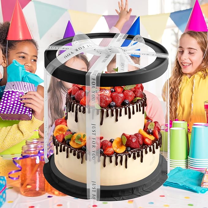 6 Pack Tall Cake Boxes for Tier Cakes,Black 8.5x9.5 Inch Disposable Multi-Layer Tall Baking Carrier, Tierd Bakery Take Out Transport Containers for Wedding, Birthday, Party(Round Black 8.5inch/6pcs)