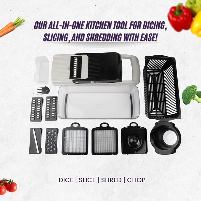 Vegetable Chopper, 14 Piece set, Dicing Blades, Slicing Blades, Lattice Blade, Shredding Blades, Egg Seperator, Garlic Grinder, Brush, Drain Basket, Finger Guard, kitchen tool