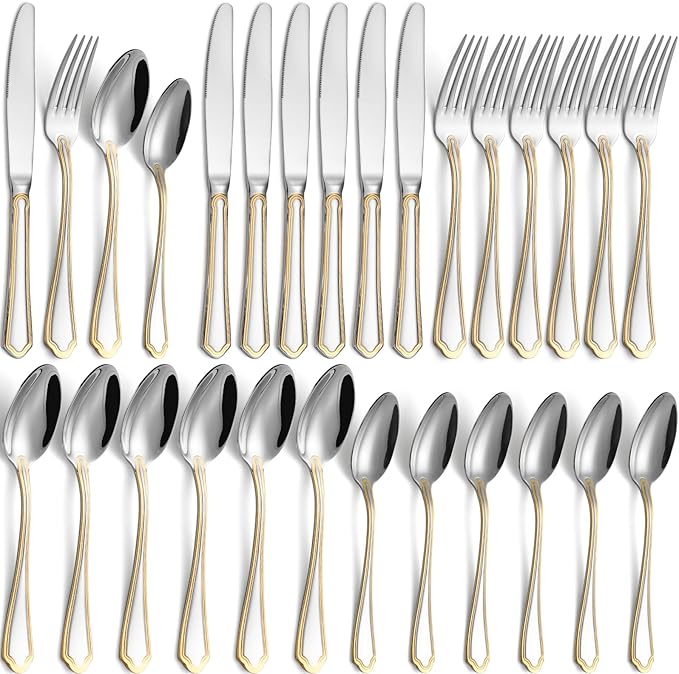 24-Piece Gold Silverware Set Stainless Steel Flatware Set for 6,Mirror Polished Cutlery Utensil Set for Home,Kitchen,Restaurant