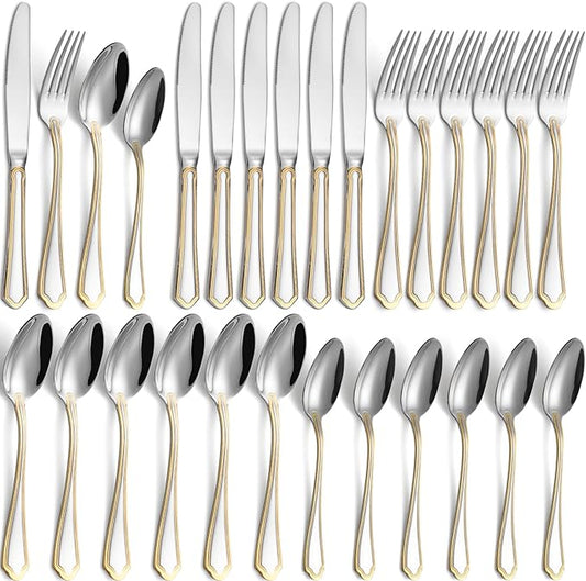 24-Piece Gold Silverware Set Stainless Steel Flatware Set for 6,Mirror Polished Cutlery Utensil Set for Home,Kitchen,Restaurant