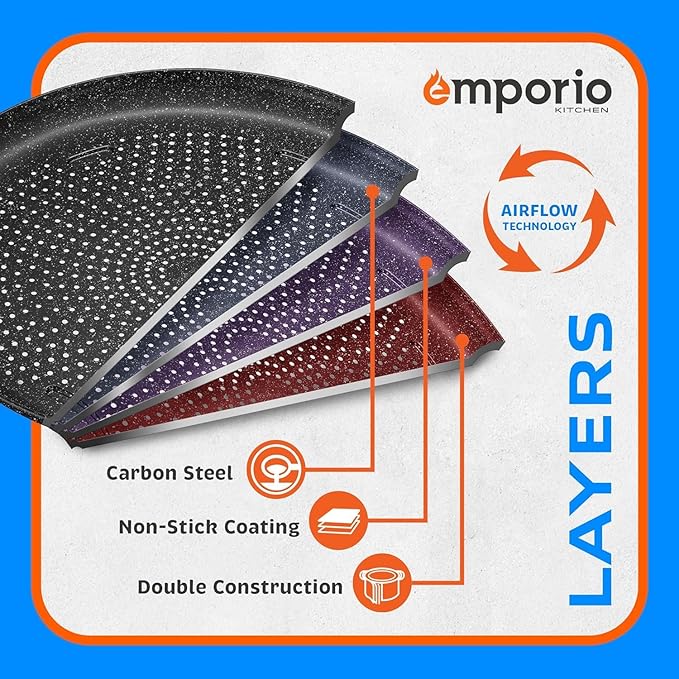 Non-Stick Pizza Pan 2 Pack – 16 Inch Round Carbon Steel Pizza Tray with Perforated Holes, PFOAPFOSPTFE-Free, Dishwasher & Oven Safe Up To 450°F, Durable Nonstick Gray Marble Coating