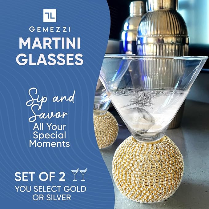 GEMELLO Gemezzi Stemless Martini Glasses Set of 2, Gold Stemless Cocktail Glass, Crystal Ball Base in Elegant Box, Perfect Bar Accessories for Margarita, Manhattan, Cosmos, Mixed Drinks, and Desserts