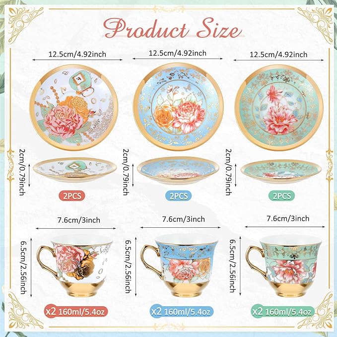 Set of 6 Tea Cups and Saucers Tea Party Decorations Floral Porcelain 5.4 oz British Gift for Women Birthday Party, Church, and Mother's Day (Classic Style)