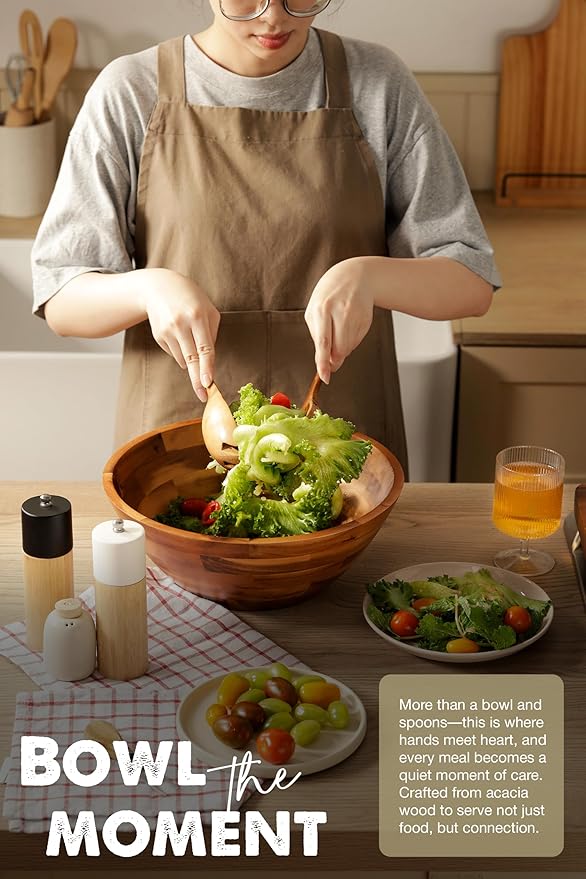 Acacia Wood Salad Bowl Set with Spoon, Fork - Large Salad Bowl with Serving Utensils - Big Mixing Bowl for Fruits, Salad, Pasta (12.2" Diameter x 4.75" Height) (Acacia color)