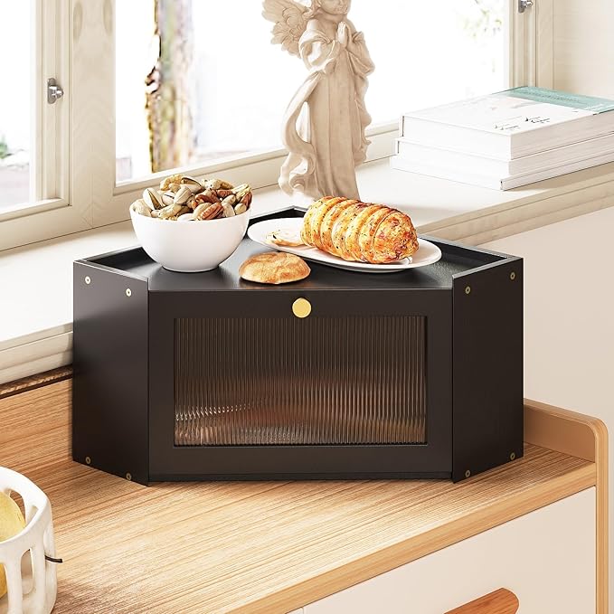 Corner Bamboo Bread Box for Kitchen Counter Large Capacity Rustic Bread Storage Container with Wavy Arcylic Transparent Door Vintage Storage for Homemade Bread (Black)