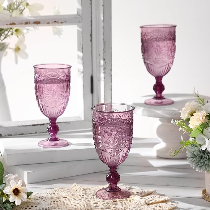 18 Pack Plastic Goblets 10oz Upgrade Vintage Water Goblet Plastic Wine Glasses Colored Retro Embossed Glassware for Party Wine Bar Juice Baby Shower Wedding Reception Grand (Purple)