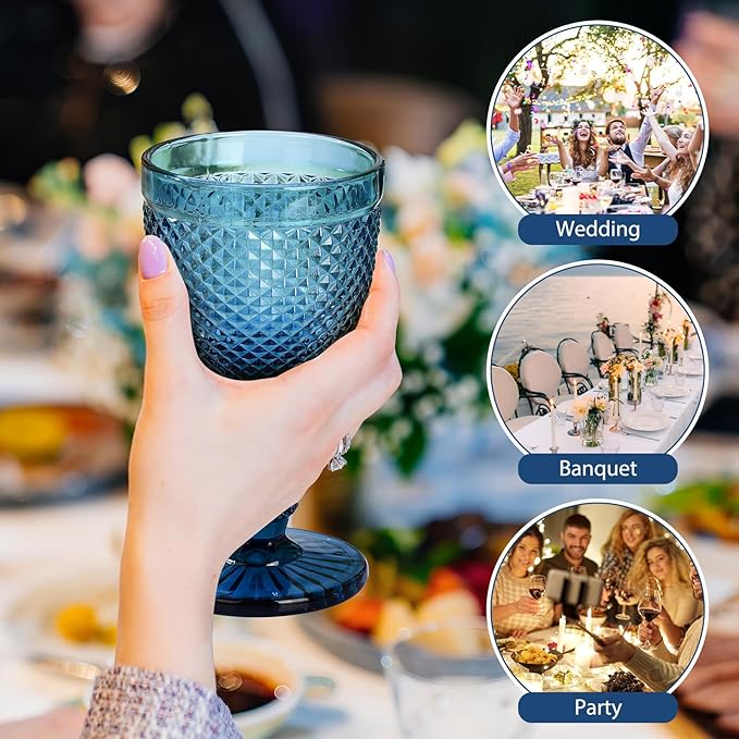 Bokon 6 Pack Blue Glass Goblets Set 10 oz High Clear Wine Glass Vintage Water Goblets Cups Embossed Diamond Design Glassware with Stem for Drinking Juice Liquor Party Wedding Bar