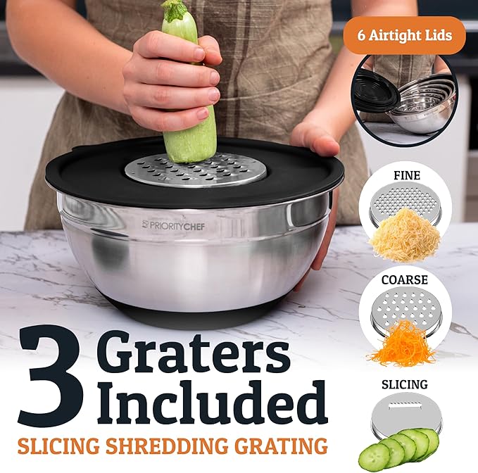 Priority Chef 6Pc Large Mixing Bowls With Lids Set with Non-Slip Bases, Stainless Steel Mixing Bowl Set, 6 Airtight Lids and 3 Graters, Black