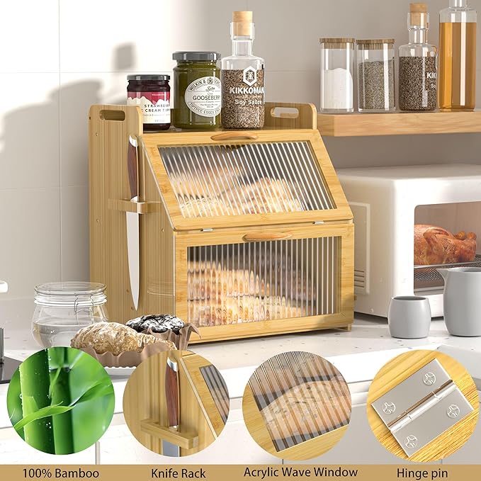 Bread Box for Kitchen Countertop, Large Bread Storage Container for Homemade Bread, Wooden Farmhouse Breadbox Organizers, Double Layer Bread Bin with Acrylic Window Bread Holder, Brown