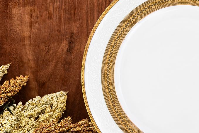 32 Piece Luxurious Dinnerware Sets – Service for 8 Plates and Bowls – White and Gold Rope Design Dish Set for Kitchen Table, Everyday Dining or Formal Use (Rope Gold)