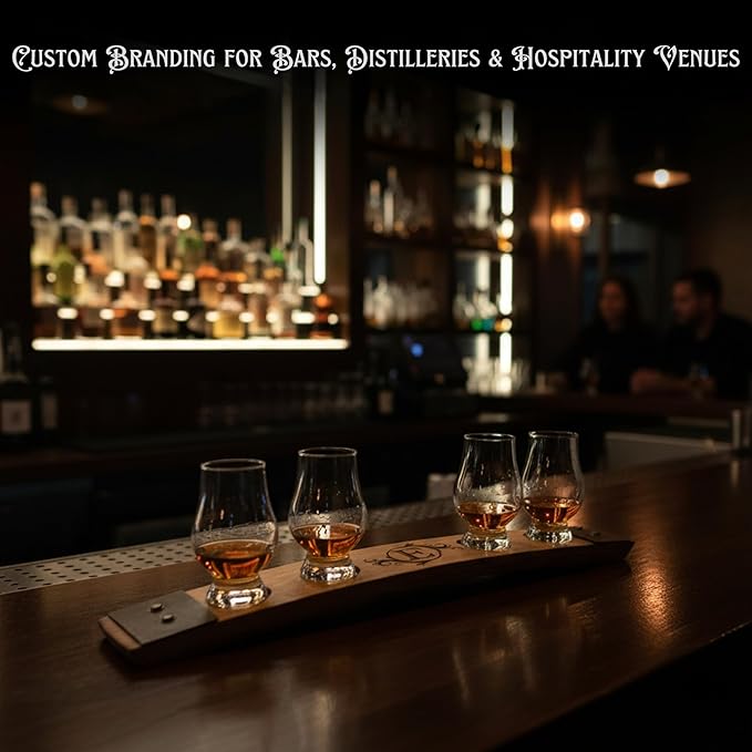 Personalized Premium 4 Glass Whiskey Flight/Engraved Center/Personalized Gift/Crystal Glass Option/Natural Oak Color (Circle Flourish)