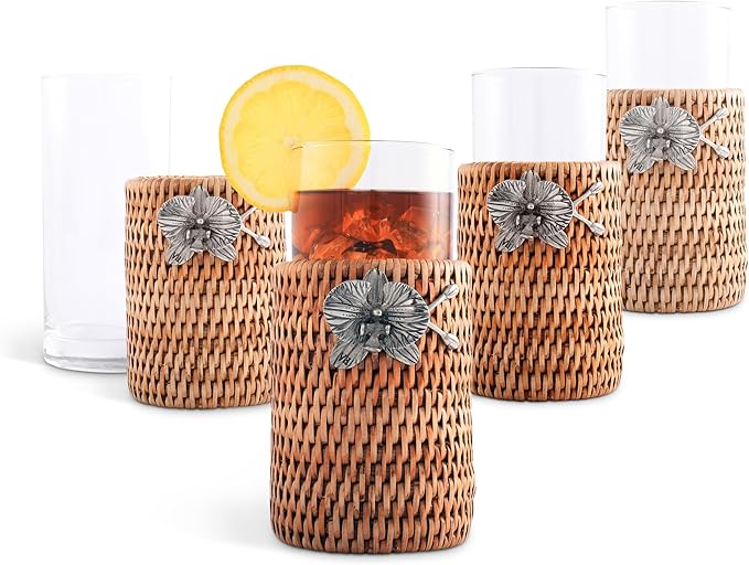 Vagabond House Stylish Set Of 4 Rattan Wicker Tall Drinking Glasses With Pewter Black Orchid, Ideal For Botanic Garden And Native Species Enthusiasts, Acts As Coaster at Poolside Florida - Removable