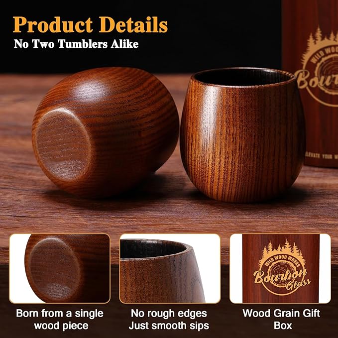Charred Wooden Bourbon Drinking Glass- Bourbon Gifts for Men, Handcrafted Whiskey Glasses, Wooden Old Fashioned Glass,Unique Whiskey Gifts for Men, Dad, Husband or Bourbon Lovers (2 Pack)