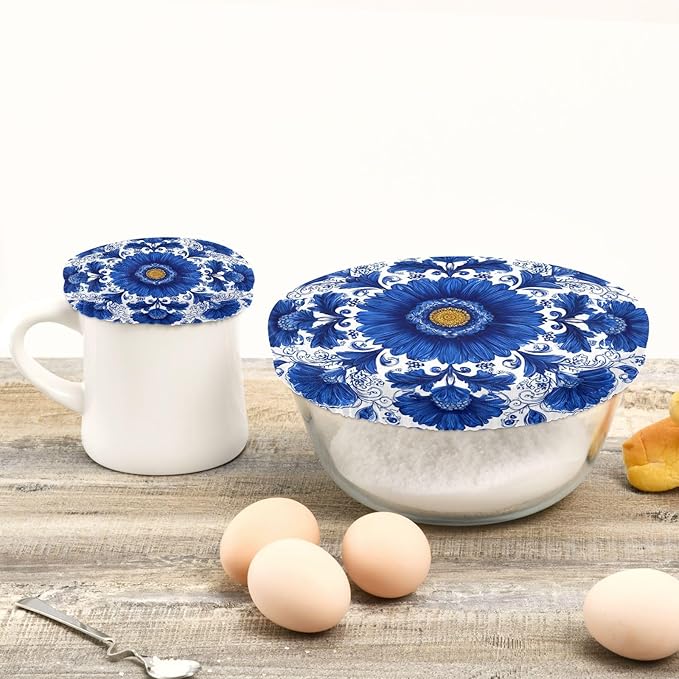 5 Pcs Bowl Covers Reusable in 5 Size Elastic Food Cover Cloth Lids Fresh Keeping Dish Cookware Bakeware Fabric Covers Lids for Food Leftovers Fruits Storage Blue and White Sunflowers
