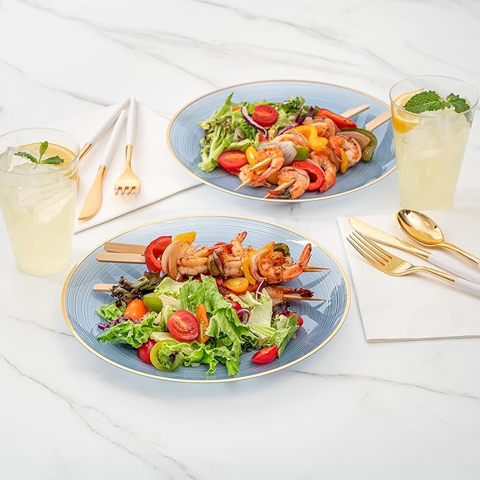 Restaurantware Plastic Plates 100 Pcs 10" Gold Rimmed Disposable Plates Heavy-Duty Blue Translucent Rippled Plastic Dinner Servers for Party, Weddings, Salads, Desserts, and Appetizers